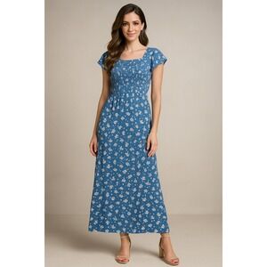 Ali and Jay Dress Womens L Blue Ditzy Floral Smocked Cottagecore Keyhole‎ Back